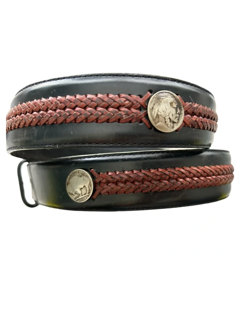 Justin Vintage Black Leather Brown Braided Inlay and Buffalo Nickel Coin Belt 40